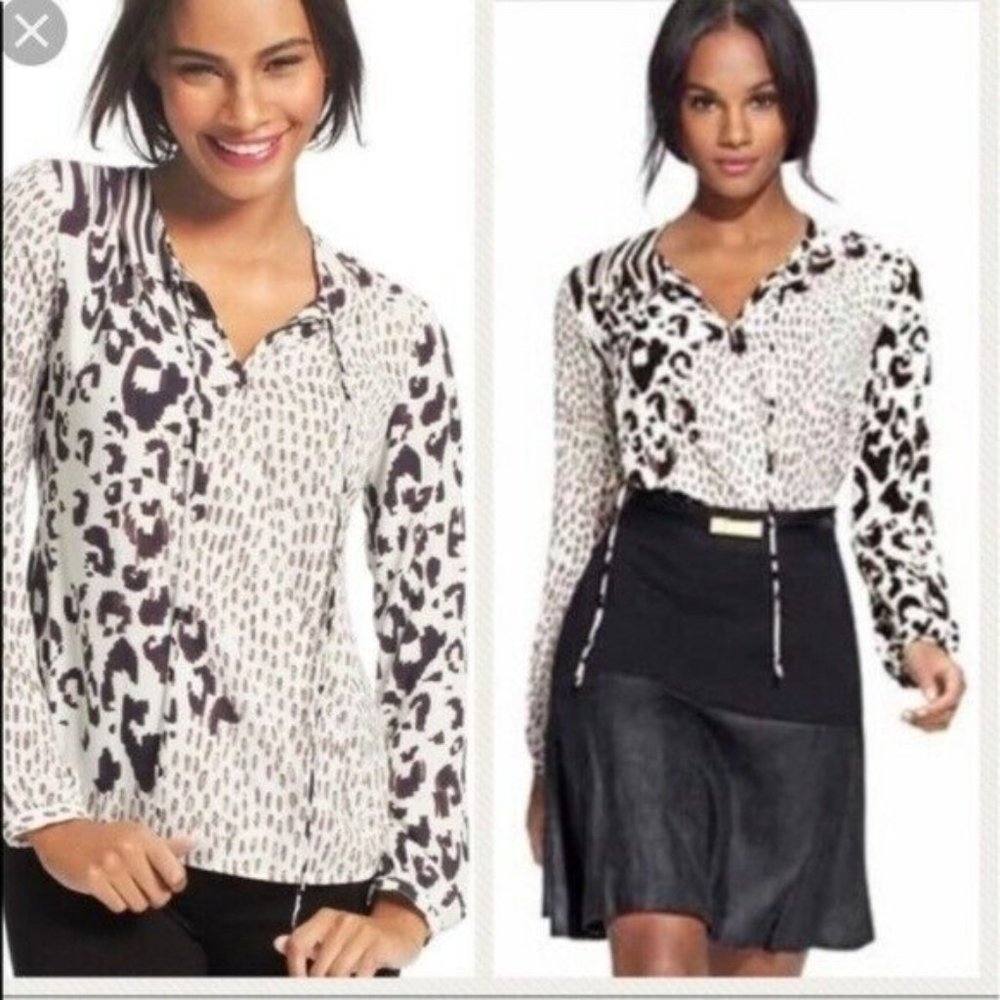CAbi Faux Womens Animal Print Faux WrapTie Neck Top Blouse  Size Medium M